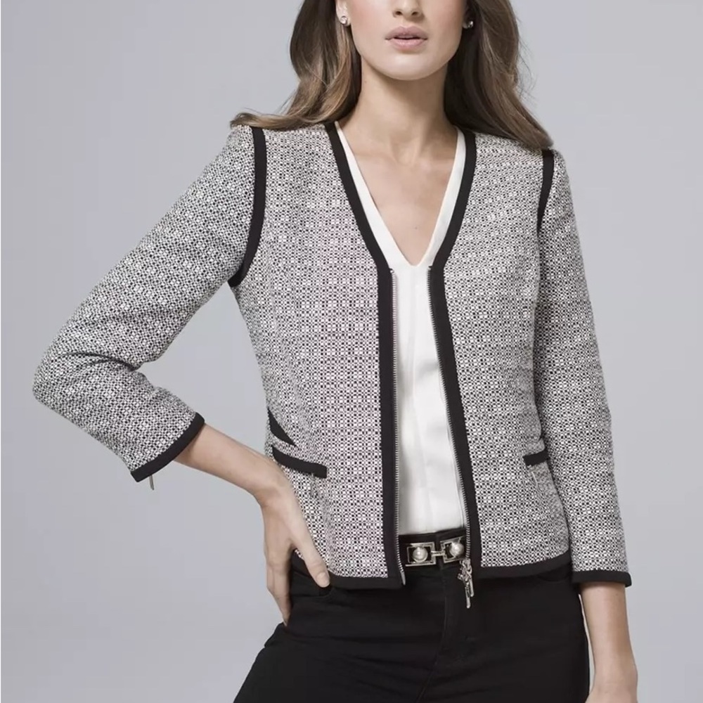 White House Black Market NEW Contrast Tweed Zip Front Blazer Jacket Sz 4
